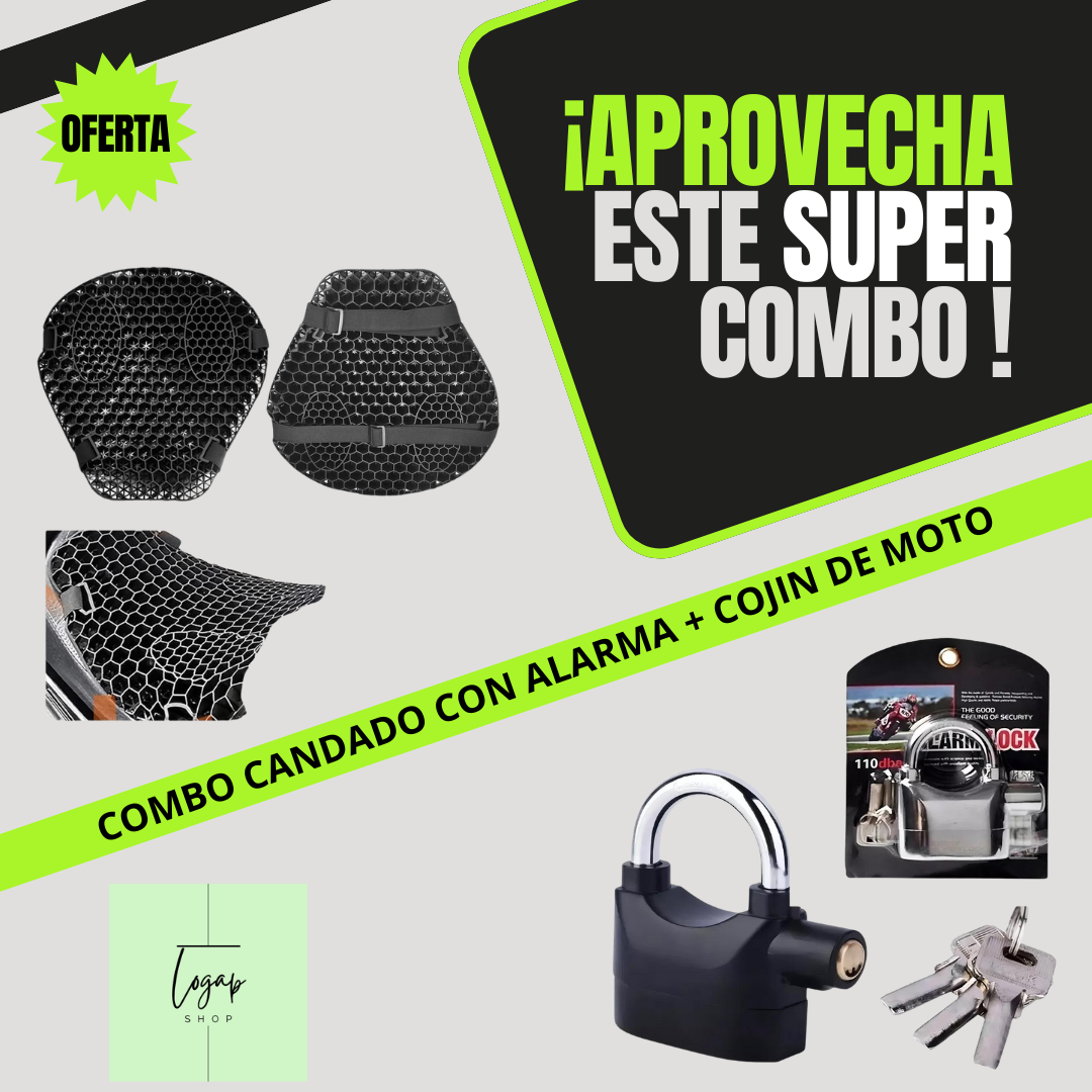 Combo Candado Alarma y Cojin Para Moto